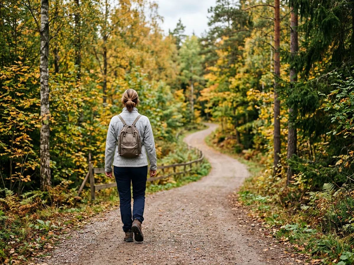 Anonym person på promenad i skogen